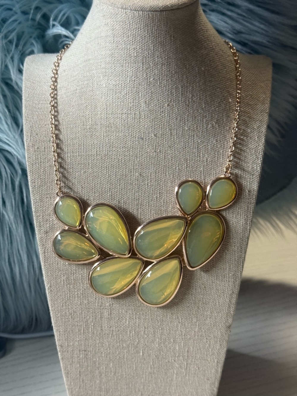Gold Necklace with Opalescent Yellow-Green Teardrop Stones